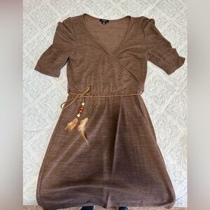 Brown Wrap Dress with Feather Detail